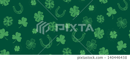 St. Patricks Day, clover pattern on green. Hand drawn illustrations St. Patricks Day, clover pattern on green. Hand drawn illustrations 140446438
