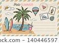 Hello Summer Postcard Illustration with Beach and Travel Elements	 140446597