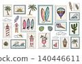 Collection of Summer Travel Postage Stamp Illustrations	 140446611