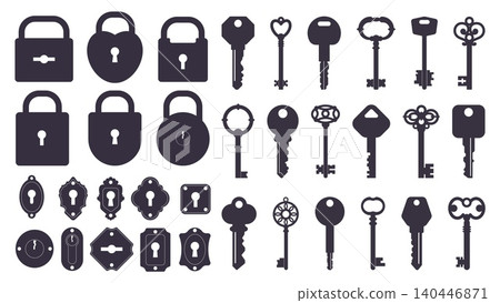 Antique and modern keys and keyholes. Black silhouette icons on white background. Various passkey shapes and engravings. Mortise door locks. House safety. Latchkey flat symbols vector set Antique and modern keys and keyholes. Black silhouette icons on white background. Various passkey shapes and engravings. Mortise door locks. House safety. Latchkey flat symbols vector set 140446871