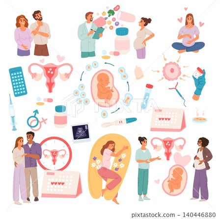 Birth rate. Artificial insemination. IVF conception. Fundamentals of gynecology and obstetrics. Couples at gynecological consultation. Doctors and pregnant women. Vector elements set Birth rate. Artificial insemination. IVF conception. Fundamentals of gynecology and obstetrics. Couples at gynecological consultation. Doctors and pregnant women. Vector elements set 140446880