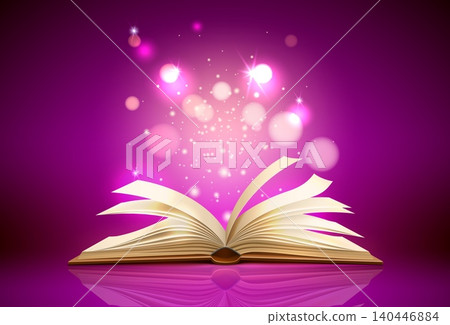 Book with mystical light. Realistic open pages with shimmering and glowing particles. 3D illustrations for childrens literature. Fantasy story about miracle. Vector fiction novel sheets 140446884