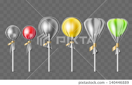 Candy in clear packaging. Realistic lollipops of various shapes in plastic packages. Confectionery wrap mockup. Bonbons on sticks. Cellophane transparent packs. Vector 3D objects set Candy in clear packaging. Realistic lollipops of various shapes in plastic packages. Confectionery wrap mockup. Bonbons on sticks. Cellophane transparent packs. Vector 3D objects set 140446889