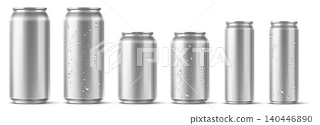Cans with condensation droplets. Realistic metal containers for cold drinks. Clean bottles. 3D packaging with water droplets. Aluminum jars for beer. Soda and lemonade tins vector set Cans with condensation droplets. Realistic metal containers for cold drinks. Clean bottles. 3D packaging with water droplets. Aluminum jars for beer. Soda and lemonade tins vector set 140446890