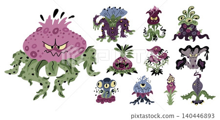 Carnivorous plants. Terrifying flowers and mushrooms. Floral monsters with eyes and teeth. Dangerous blossom flytraps. Mystic garden. Predatory botanical creatures vector isolated set Carnivorous plants. Terrifying flowers and mushrooms. Floral monsters with eyes and teeth. Dangerous blossom flytraps. Mystic garden. Predatory botanical creatures vector isolated set 140446893