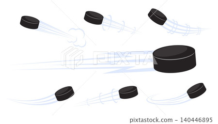 Flying black hockey pucks for playing sport game with airflow marks. Ball flight stream curve trail. Championship hit and pass. Movement trajectory. Speed motion jet traces vector set Flying black hockey pucks for playing sport game with airflow marks. Ball flight stream curve trail. Championship hit and pass. Movement trajectory. Speed motion jet traces vector set 140446895