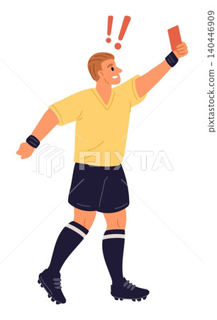 Male soccer referee shows red card to player. Man sends football player off field for foul. Disqualification signal. Match judge. Punishment at competition playground. Vector concept 140446909