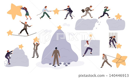 People achieve goals. Men and women overcome obstacles. Businessmen leap across chasms, scale walls and conquer career peaks. Employee balancing on rope. Achievement concepts vector set People achieve goals. Men and women overcome obstacles. Businessmen leap across chasms, scale walls and conquer career peaks. Employee balancing on rope. Achievement concepts vector set 140446913