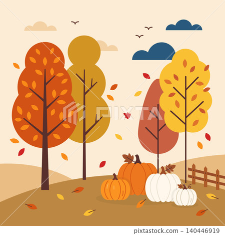 Colorful Trees and Pumpkins in an Autumn Landscape With Falling Leaves and a Fence Colorful Trees and Pumpkins in an Autumn Landscape With Falling Leaves and a Fence 140446919