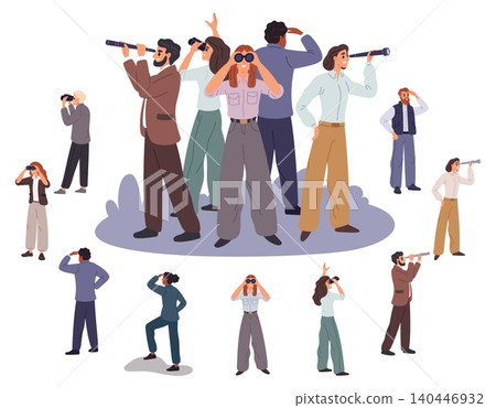 People gazing into distance. Men and women with telescopes. Businessman with binoculars. Characters looking at future. New perspectives and opportunities. Exploring persons vector set 140446932