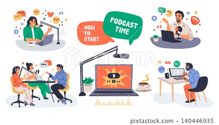 People host podcasts. Audio streaming. Internet radio broadcast. Live interviews record. Speaker using microphones and headphones in studio. Bloggers online talking. Concepts vector set 140446935