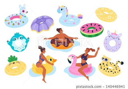 People on inflatable rings. Happy young man and woman swimming in sea on colorful inflated lifebuoys. Fun pool toys. Summer vacation. Beach party. Waterpark leisure. Vector isolated set 140446941