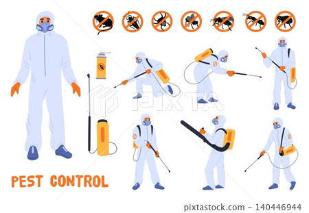 Pest control specialists. Team of parasite extermination workers. People in protective suits and masks carry chemical sprayers. Insects fumigation. Stop icons. Exterminators vector set Pest control specialists. Team of parasite extermination workers. People in protective suits and masks carry chemical sprayers. Insects fumigation. Stop icons. Exterminators vector set 140446944