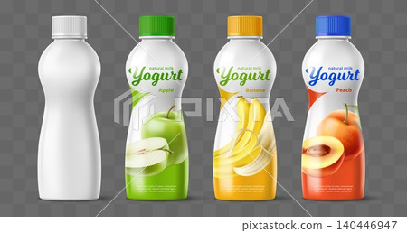 Realistic bottle design for drinking yogurt. 3D packaging for fermented milk products. Various fruit flavors. Peach, banana, and apple tastes. Blank container. Plastic packages vector set Realistic bottle design for drinking yogurt. 3D packaging for fermented milk products. Various fruit flavors. Peach, banana, and apple tastes. Blank container. Plastic packages vector set 140446947
