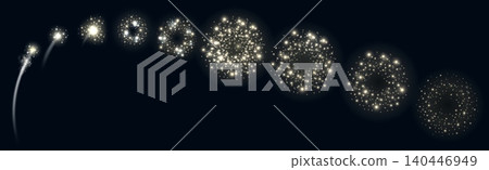 Realistic fireworks animation. 3D animated explosion created frame by frame. Salute featuring gradual stages. Grand finale and glowing particles. Pyrotechnic sequence steps vector set Realistic fireworks animation. 3D animated explosion created frame by frame. Salute featuring gradual stages. Grand finale and glowing particles. Pyrotechnic sequence steps vector set 140446949