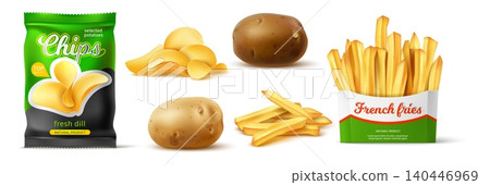 Realistic potatoes and nosh snacks. Realistic packaging for French fries or chips. Delicious beer appetizer. Starchy 3D vegetable. Tubers peeled or cut pieces. Vector isolated objects set 140446969