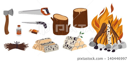 Tools and materials for building fire. Brushwood and firewood. Lighter fluid. Natural timber. Tree stump. Box matches. Axe and hand saw. Campfire ignition isolated elements vector set Tools and materials for building fire. Brushwood and firewood. Lighter fluid. Natural timber. Tree stump. Box matches. Axe and hand saw. Campfire ignition isolated elements vector set 140446997