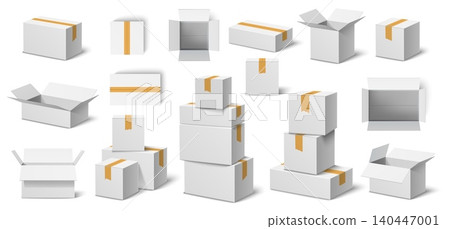 White cardboard boxes. Empty realistic packaging. Open and closed containers. Individual and grouped objects. Transportation packages stack top or side view. Warehouse crates vector set White cardboard boxes. Empty realistic packaging. Open and closed containers. Individual and grouped objects. Transportation packages stack top or side view. Warehouse crates vector set 140447001