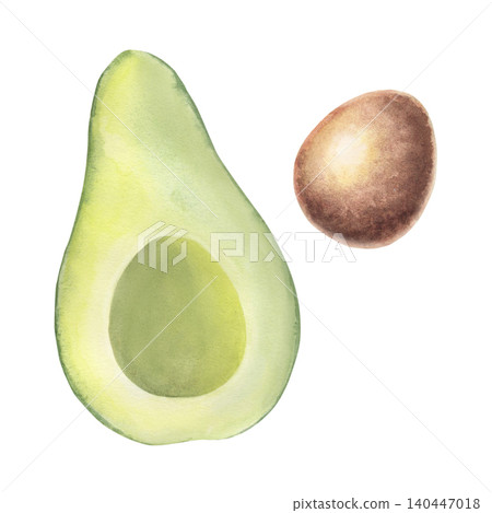 Fresh avocado half, kernel. Hand-painted watercolor illustration isolated on white. Perfect for healthy food branding, recipe book, nutrition guides, restaurant menus, cosmetic, wellness design, logo 140447018