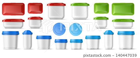 Designs for transparent food containers. Realistic plastic boxes with colored lids. Product storage pots front or top views. Round and square empty packaging. Vector 3D clean packages set Designs for transparent food containers. Realistic plastic boxes with colored lids. Product storage pots front or top views. Round and square empty packaging. Vector 3D clean packages set 140447039