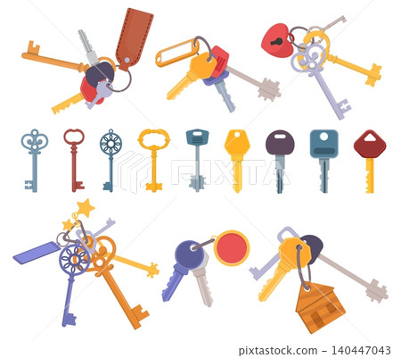 Door key. Keychains featuring trinkets. Accessories for unlocking doorways in residential and commercial properties. Openers bundle. Vintage and modern designs. Vector latchkeys set 140447043
