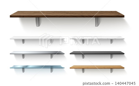 Empty shelves made of various materials. Plastic or wood shelf. Glass and marble stone surface. 3D furniture. Realistic interior featuring wall bookshelves. Exhibition racks vector set Empty shelves made of various materials. Plastic or wood shelf. Glass and marble stone surface. 3D furniture. Realistic interior featuring wall bookshelves. Exhibition racks vector set 140447045