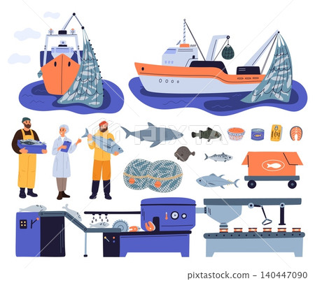 Fishing industry. Fishery elements. Sea boat with nets. Processing conveyor belt for canning catch. Cartoon fishermen and food technologist. Trawler ship. Seafood production vector set Fishing industry. Fishery elements. Sea boat with nets. Processing conveyor belt for canning catch. Cartoon fishermen and food technologist. Trawler ship. Seafood production vector set 140447090