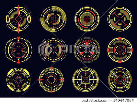 Futuristic game targets. Sniper scopes. Accuracy indicators. Military targets. Radar locations. Weapon crosshairs. Camera hologram optical circles. HUD interface elements vector set Futuristic game targets. Sniper scopes. Accuracy indicators. Military targets. Radar locations. Weapon crosshairs. Camera hologram optical circles. HUD interface elements vector set 140447094
