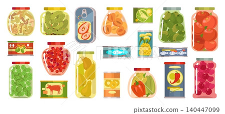 Glass jars of pickled vegetables. Fruit compotes. Homemade jams and marinades. Preserves for winter. Domestic conserves made from harvest. Beef tins. Isolated kitchen containers vector set Glass jars of pickled vegetables. Fruit compotes. Homemade jams and marinades. Preserves for winter. Domestic conserves made from harvest. Beef tins. Isolated kitchen containers vector set 140447099