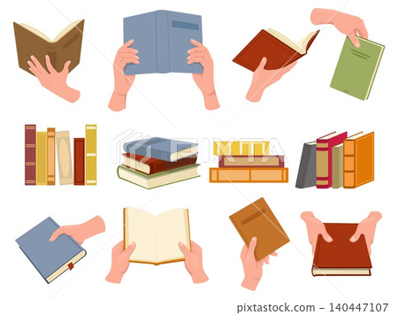 Hands holding open and closed books. Stacks of textbooks various angles. People reading novel and encyclopedia. Leisure and education. Literature lovers with volumes. Library vector set Hands holding open and closed books. Stacks of textbooks various angles. People reading novel and encyclopedia. Leisure and education. Literature lovers with volumes. Library vector set 140447107