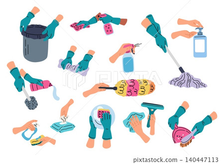 Hands whether gloved or bare performing household chores. Cleaning and dusting. Housemaid mopping floors. Disinfecting detergent. Arms washing dishes and sweeping. Housework vector set Hands whether gloved or bare performing household chores. Cleaning and dusting. Housemaid mopping floors. Disinfecting detergent. Arms washing dishes and sweeping. Housework vector set 140447113