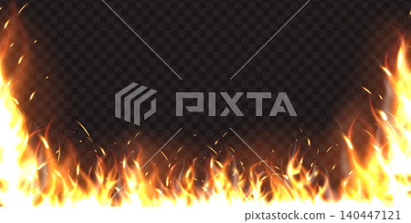 Horizontal seamless fireplace. Realistic frame of flames against transparent background. Fiery and danger glow. Yellow and orange blaze with smoke and sparks. Combustion vector backdrop 140447121