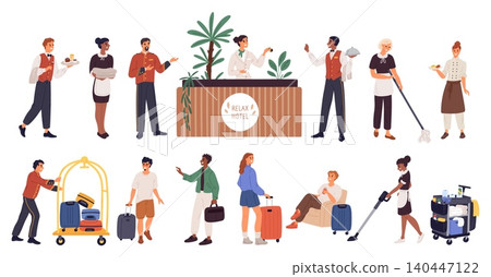 Hotel guests or staff. Visitors with luggage checking into rooms. People assisting with check in. Receptionist at desk. Hospitality service. Concierge and maid. Guesthouse vector set Hotel guests or staff. Visitors with luggage checking into rooms. People assisting with check in. Receptionist at desk. Hospitality service. Concierge and maid. Guesthouse vector set 140447122