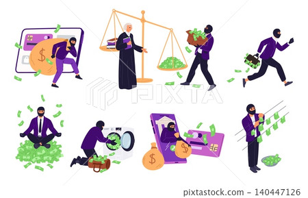 Illegal profits. Money laundering. Breaking law. Bribery and theft from banking card. Offshores using. Robbers carry dirty banknotes. Economic corruption. Criminal activities vector set 140447126
