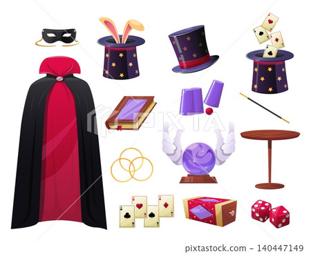 Magic props. Wizard accessories from cartoons. Tools for magical trick. Show stage. Oracle ball. Performer costume mantle. Spell book. Professional illusionist supplies vector isolated set Magic props. Wizard accessories from cartoons. Tools for magical trick. Show stage. Oracle ball. Performer costume mantle. Spell book. Professional illusionist supplies vector isolated set 140447149