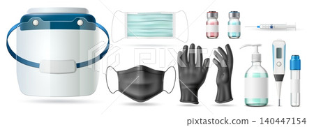 Medical protective equipment. Effective protection against virus. Antibacterial soup. Syringe with vaccine vial. 3D clinic instruments. Disease prevention. Vector realistic objects set 140447154
