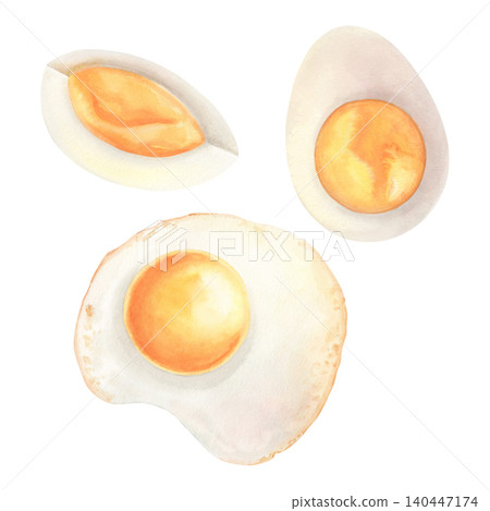 Egg set fried and boiled. Hand-painted watercolor illustration isolated on white. Perfect for breakfast menus, recipe books, food blogs, nutrition guides, packaging, culinary branding, posters, decor 140447174