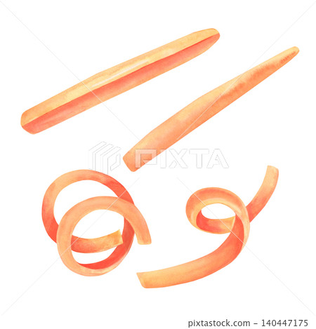 Fresh carrot set, sticks and shavings. Hand-painted watercolor illustration isolated on white background. Perfect for healthy food branding, recipe, nutrition guides, menus, wellness blogs, posters Fresh carrot set, sticks and shavings. Hand-painted watercolor illustration isolated on white background. Perfect for healthy food branding, recipe, nutrition guides, menus, wellness blogs, posters 140447175