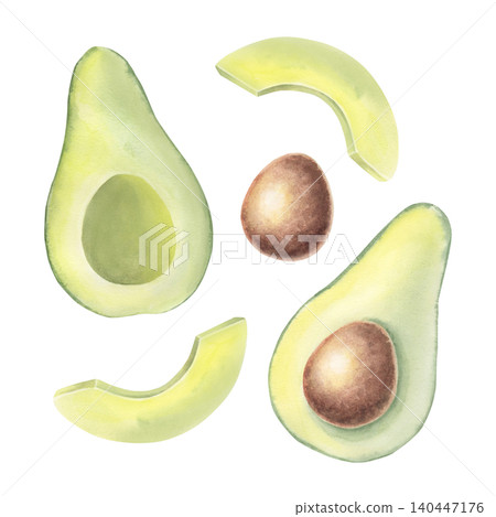Fresh avocado set. Hand-painted watercolor illustration isolated on white. Perfect for healthy food branding, recipe book, nutrition guides, restaurant menus, cosmetic, wellness design, posters 140447176
