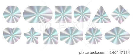 Mockups of holographic stickers. Labels of various shapes. Holography tags with radial metallic gradient. Warranty card designs on white background. Vector blank foil logo patches set 140447184