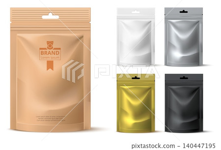 Packaged in bags with realistic designs. Individual foil pouches with zippers in various colors. Gold, silver, black and white 3D sachets. Doypack packaging. Vector set of pack mockups Packaged in bags with realistic designs. Individual foil pouches with zippers in various colors. Gold, silver, black and white 3D sachets. Doypack packaging. Vector set of pack mockups 140447195
