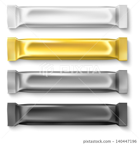 Packaging for colored candies. Foil for confectionery products. White, gold, silver, black stick packs. Realistic mockup of candy bars with metallic sheen. Vector 3D blank packages set Packaging for colored candies. Foil for confectionery products. White, gold, silver, black stick packs. Realistic mockup of candy bars with metallic sheen. Vector 3D blank packages set 140447196