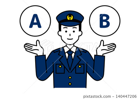 A male police officer proposes options A and B. A male police officer proposes options A and B. 140447206