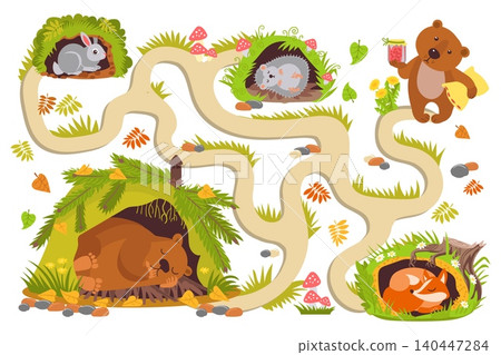 Bear is sleeping in den. Cub looking for right path to burrow. Educational childrens maze game. Helping animal find way to hole. Road searching. Vector preschool labyrinth worksheet Bear is sleeping in den. Cub looking for right path to burrow. Educational childrens maze game. Helping animal find way to hole. Road searching. Vector preschool labyrinth worksheet 140447284