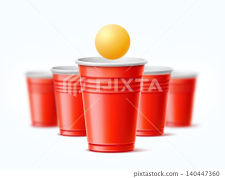 Beer pong party poster. Realistic red plastic cups and pingpong ball. College youth drinking game competition. Friendly pub playing. Beerpong challenge. Shot aim. Vector 3D objects Beer pong party poster. Realistic red plastic cups and pingpong ball. College youth drinking game competition. Friendly pub playing. Beerpong challenge. Shot aim. Vector 3D objects 140447360