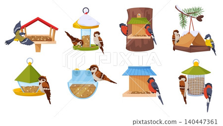 Bird feeders. Wooden birdhouses. Sparrows and chickadees and bullfinches peck at grain. Hanging containers and feed boxes of various shapes. Homemade shelters. Vector animals homes set Bird feeders. Wooden birdhouses. Sparrows and chickadees and bullfinches peck at grain. Hanging containers and feed boxes of various shapes. Homemade shelters. Vector animals homes set 140447361