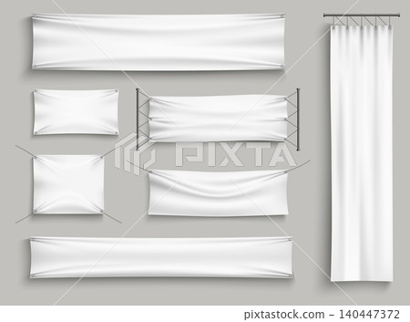 Blank textile banners. Realistic fabric posters. Horizontal and vertical advertising mockups and event announcements. Placard stretched with cords. Vector promotion flag billboards set Blank textile banners. Realistic fabric posters. Horizontal and vertical advertising mockups and event announcements. Placard stretched with cords. Vector promotion flag billboards set 140447372