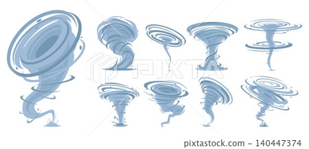 Cartoon tornado effects. Storms and whirlwinds. Weather anomalies. Natural disasters. Spiral cyclone with funnels. Aggressive vortex. Climate phenomenon. Vector dangerous hurricanes set Cartoon tornado effects. Storms and whirlwinds. Weather anomalies. Natural disasters. Spiral cyclone with funnels. Aggressive vortex. Climate phenomenon. Vector dangerous hurricanes set 140447374