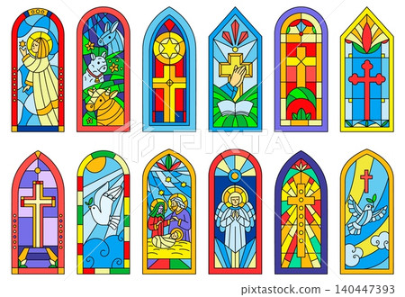 Cathedral stained glass windows. Biblical scenes depicted in colored mosaics. Catholicism worship. Christianity architecture. Christian church decoration. Gothic arched frames vector set 140447393