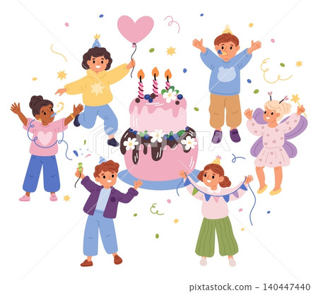 Childrens birthday party. Cheerful kids dancing and jumping around big cake. Boys and girls group holding sparklers and garlands. Holiday celebration. Confetti and balloons. Vector concept Childrens birthday party. Cheerful kids dancing and jumping around big cake. Boys and girls group holding sparklers and garlands. Holiday celebration. Confetti and balloons. Vector concept 140447440